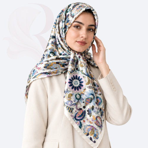 روسری ابریشم توییل قواره 125 طرح چهل گل آبرنگی