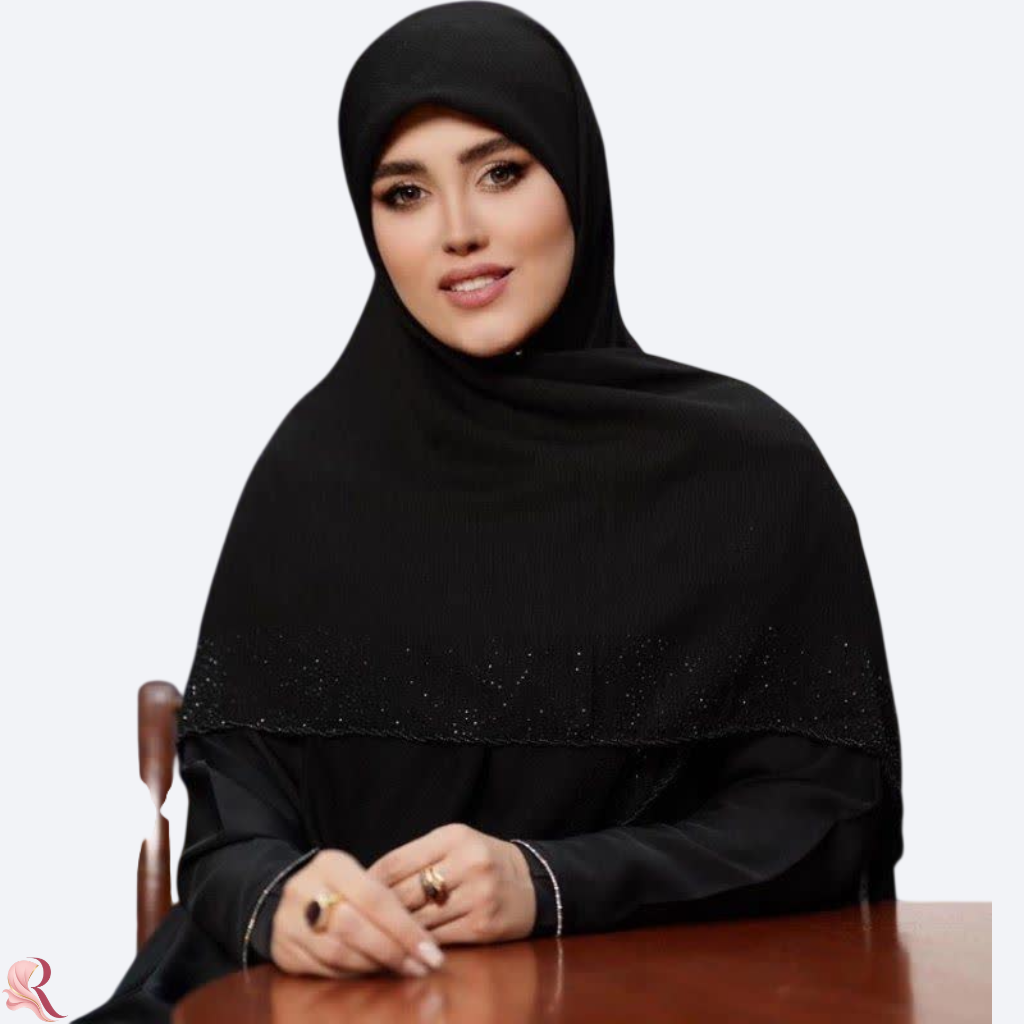 روسری نخ وال قواره 140 مشکی طرح ساده با نگین و ملیله
