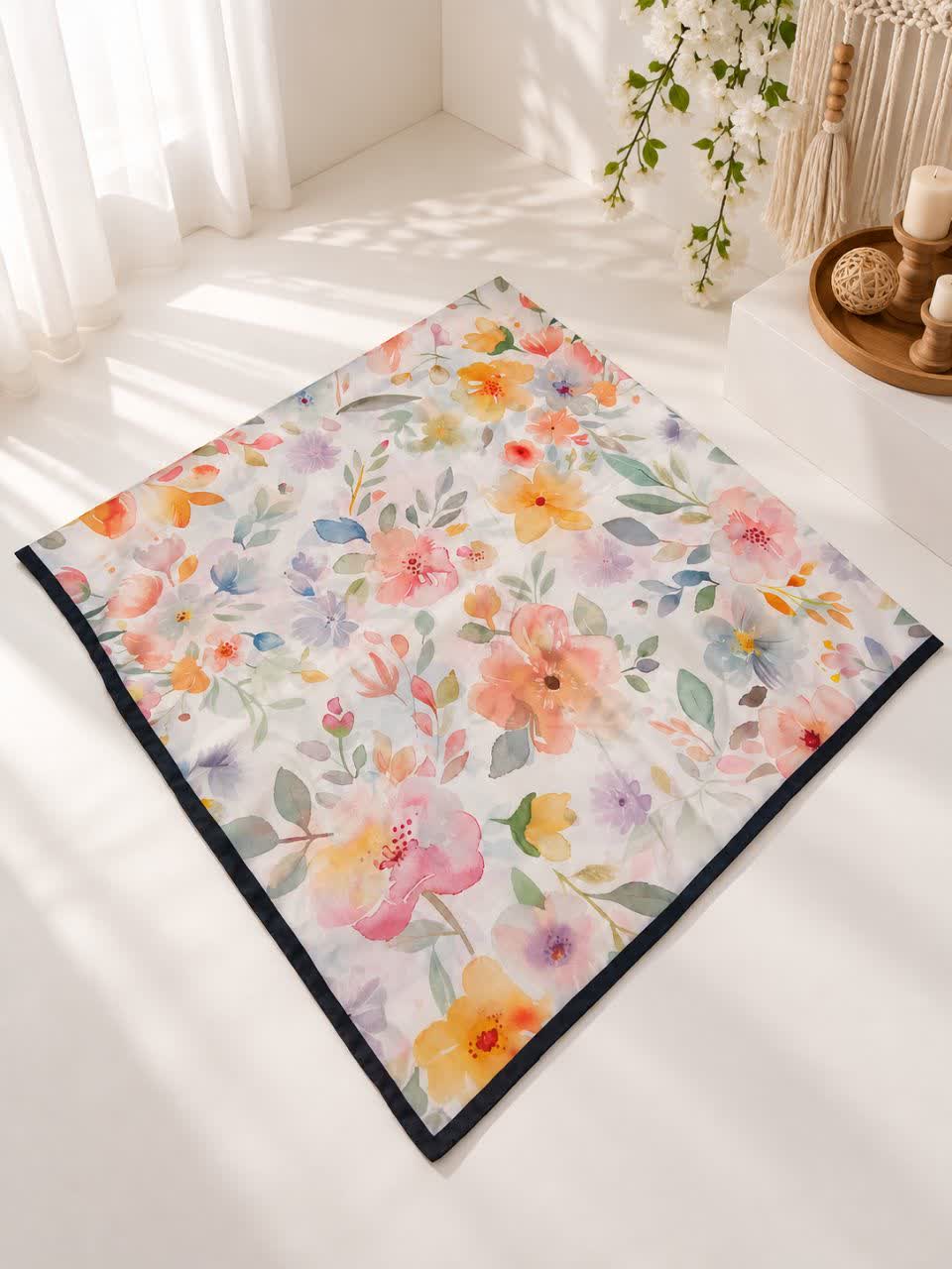 روسری ساتن حریر قواره ۱۲۰ طرح گل آبرنگی
